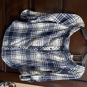 Blue and white off the shoulder blouse